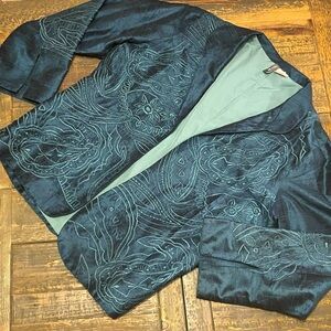 Anu Women's Large Blue Green Raw Silk Embroidered Open Front Jacket